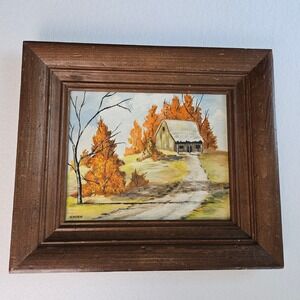 Vintage 1970s Original Oil Painting Cabin Landscape Autumn Trees Signed Schoen